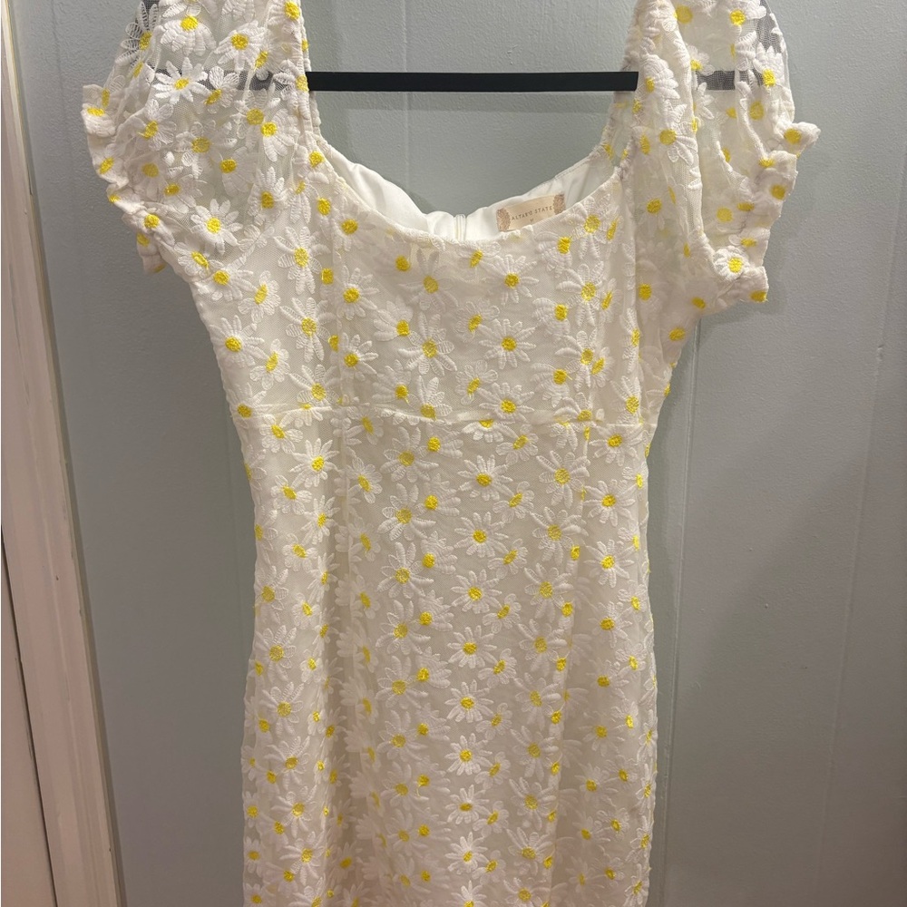 Altar'd State White Midi Dress with Yellow Daisy Embroidery
